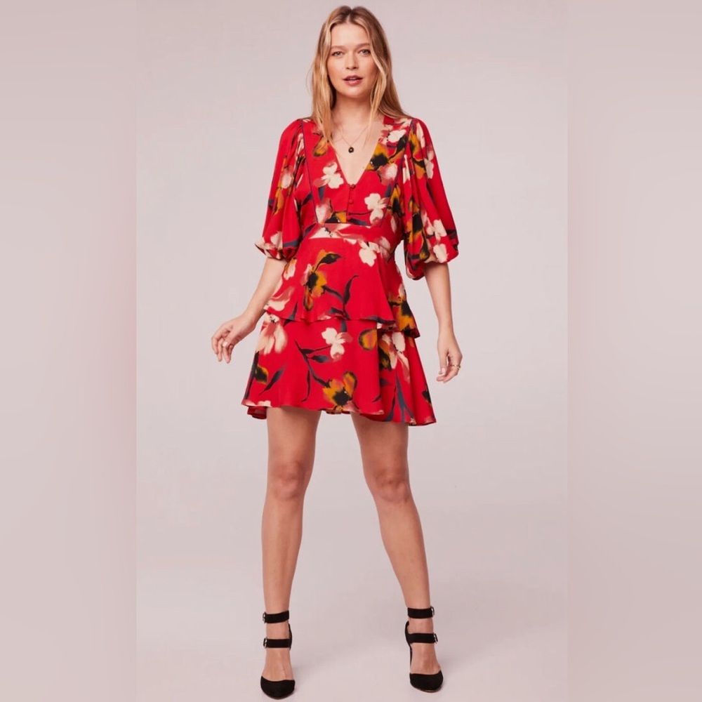 Band of the Free Dolly Red Floral Puff Sleeve Mini Dress Size Large NWT